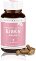 Produktbild von Bewertung InnoNature Natürliches Eisen Vitamin C aus Curryblatt-Extrakt und Hagebutte-Extrakt 14 - 28mg reines Eisen und 80 - 160mg Vitamin C pro Tagesdosis.120 Kapseln im 2-4 Monatsvorrat. Vegan + hergestellt in DE.