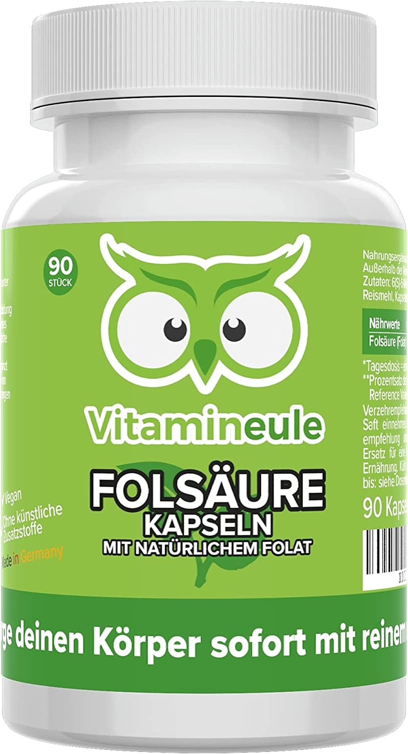 Vitamineule - Folsäure Kapseln - 100% natürliches Folat - 400 µg 5-MTHF - hochdosiert - bei Kinderwunsch & Schwangerschaft - ohne Zusätze - vegan - Qualität aus Deutschland - Vitamin B9 ohne Jod - Vitamineule®