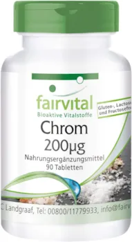 fairvital Chrompicolinat - 200mcg Chrom pro Tablette - Hochdosiert - Vegan - Chromium Picolinate - essentielles Spurenelement - 90 Tabletten
