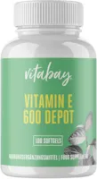 Vitabay Vitamin E 600 IE Depot • 100 vegane Softgels • D-Alpha Tocopherol • Aus reinem Sojabohnen-Öl hergestellt • Hochdosiert • Mit V-Gel Kapselhülle • Made in Germany