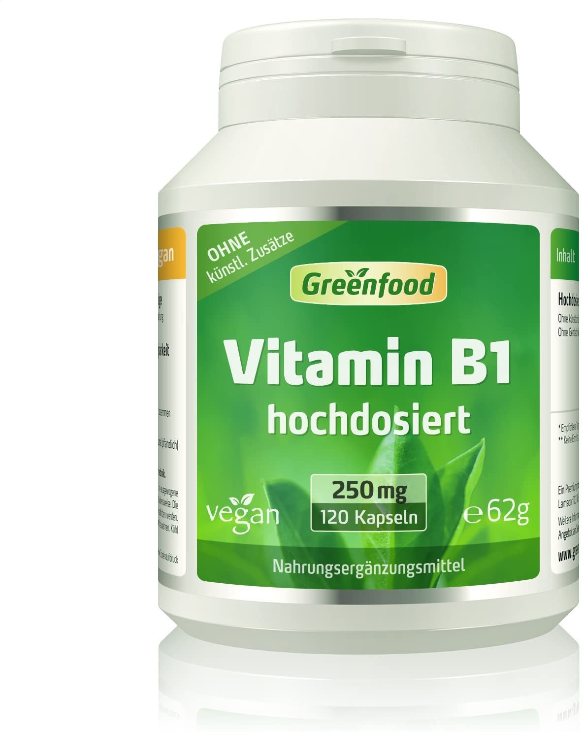 Greenfood Vitamin B1, 250 mg, hochdosiert, 120 Kapseln - für starke Nerven und einen klaren Kopf. OHNE künstliche Zusätze. Ohne Gentechnik. Vegi-Kapseln. Vegan.