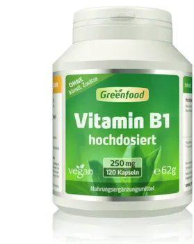 Produktbild von Greenfood Vitamin B1, 250 mg, hochdosiert, 120 Kapseln - für starke Nerven und einen klaren Kopf. OHNE künstliche Zusätze. Ohne Gentechnik. Vegi-Kapseln. Vegan.