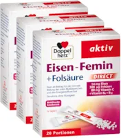 Doppelherz Eisen-Femin Direct mit Vitamin C + B6 + B12 + Folsäure – 14 mg Eisen für die normale Bildung von roten Blutkörperchen – 3 x 20 Portionen Micro-Pellets