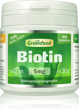 Greenfood Biotin, 5 mg, hochdosiert, 180 Tabletten, vegan - für Haut und Haare. OHNE künstliche Zusätze. Ohne Gentechnik.