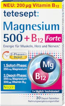 tetesept Magnesium 500 + B12 Depot - hochdosiert – Magnesium und Vitamin B12 Kombipräparat mit 2-Phasen-Depot - Energie für Muskeln, Herz und Nerven – 1 x 30 Tabletten [Nahrungsergänzungsmittel]