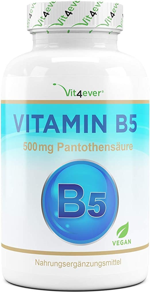 Vit4ever Vitamin B5 mit 500 mg - 180 Kapseln - Pantothensäure - Hochdosiert - Vegan - Laborgeprüft (Wirkstoffgehalt & Reinheit) - B Vitamin für Haut & Nerven - Premium Qualität