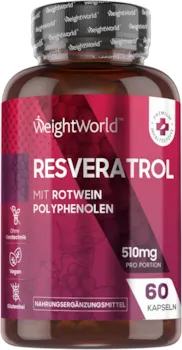 WeightWorld Trans-Resveratrol Kapseln 510mg reines Resveratrol mit Rotwein Polyphenolen und Piperin - 60 vegane Kapseln - 98% Trans Resveratrol mit Traubenhaut & Schwarzer Pfeffer - Nahrungsergänzungsmittel
