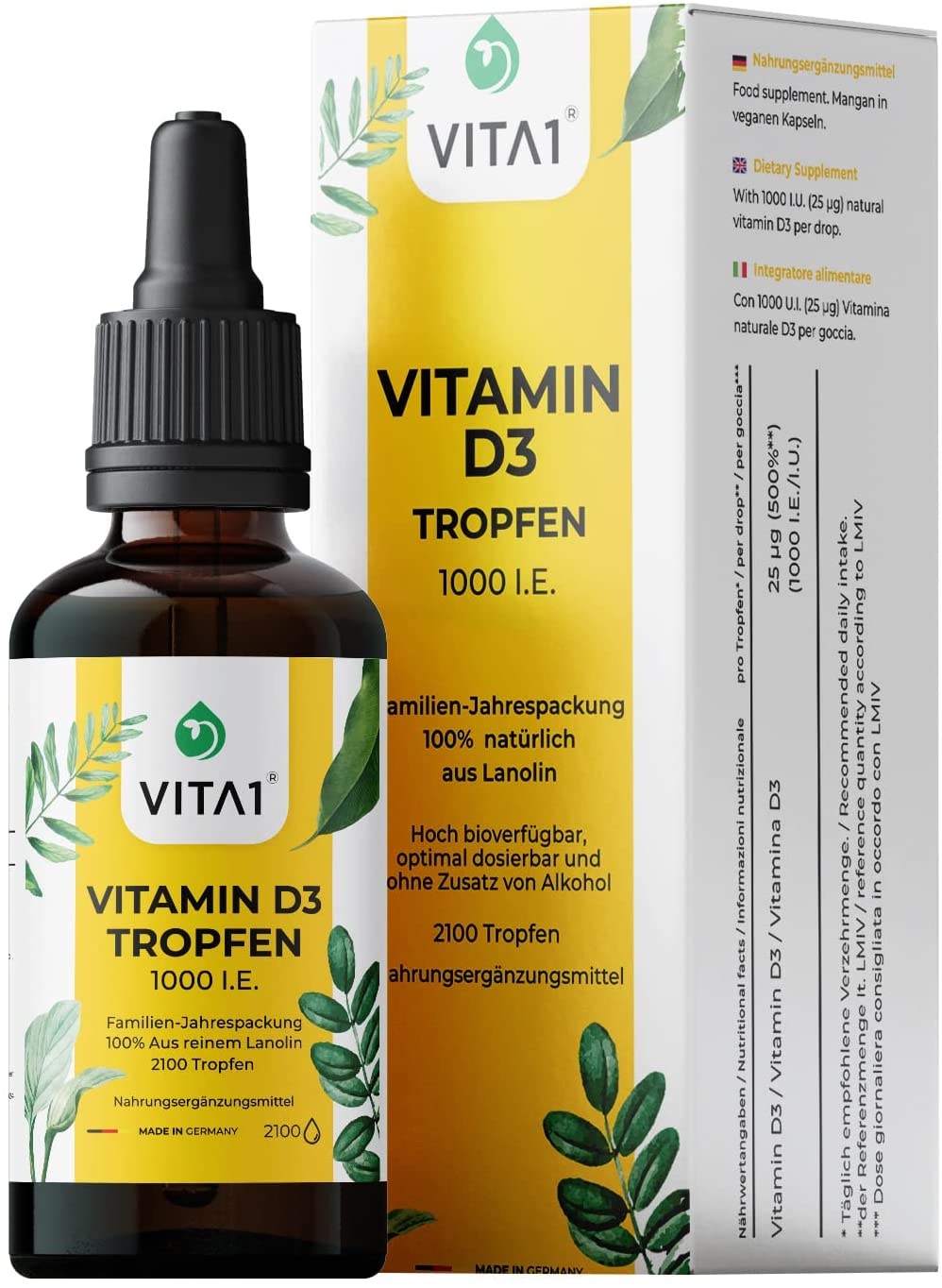 VITA1 Vitamin D3 Tropfen hochdosiert 1000 I.E. pro Tropfen • 50 ml • vegetarisch • für Knochen und Immunsystem • rein natürlich aus Lanolin