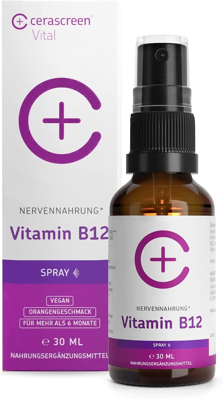 cerascreen  - Vital Vitamin-B12-Spray 30ml (Cyanocobalamin) | Orange | Hochdosiert & Vegan | Natürlicher Vitamin-Komplex für die Nerven | Gegen Müdigkeit und Erschöpfung | In Deutschland hergestellt