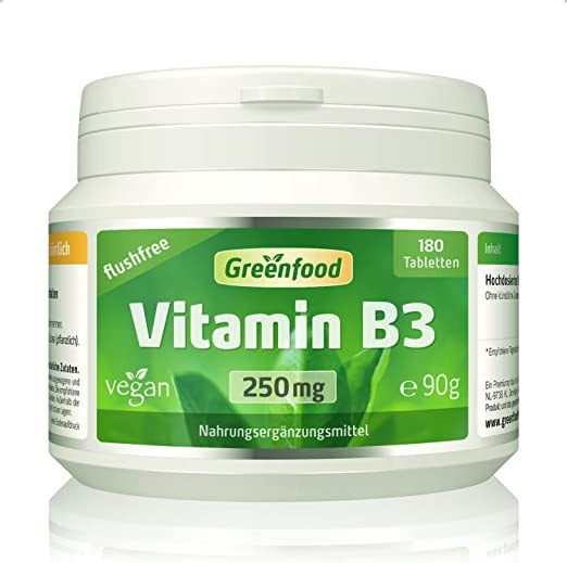 Greenfood Vitamin B3, flushfree, 250 mg, hochdosiert, 180 Tabletten, vegan - gut für Haut, Nervensystem und Energiestoffwechsel. OHNE künstliche Zusätze. Ohne Gentechnik.