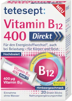 tetesept - Vitamin B12 400 Direkt – Nahrungsergänzungsmittel für den Energiestoffwechsel*, auch bei Belastung – Vitamin B12 Pulver hochdosiert zur Einnahme ohne Wasser – 1 x 20 Direkt-Sticks