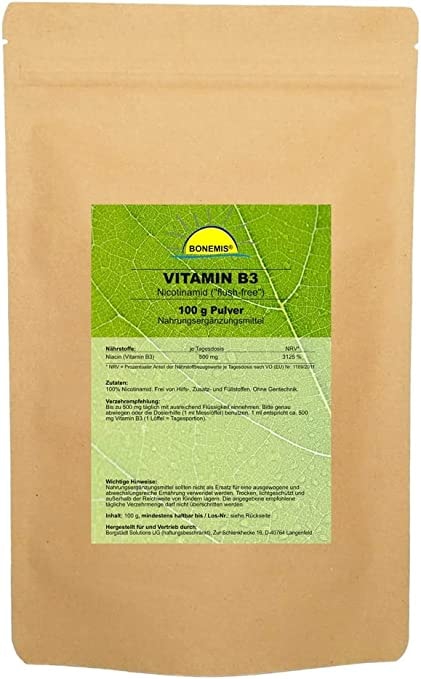 Bonemis® Vitamin B3 (Nicotinamid, „flush-free“), Pulver, vegan, Premiumqualität ohne Zusatzstoffe, 100 g im umweltfreundlichen Beutel aus Kraftpapier