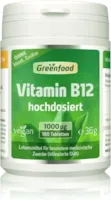 Greenfood Vitamin B12, 1000 µg, 180 Tabletten, hochdosiert, vegan - bei Erschöpfungs- und Müdigkeitszuständen durch medizinisch bedingten Vitamin B 12-Mangel. Diätisches Lebensmittel.