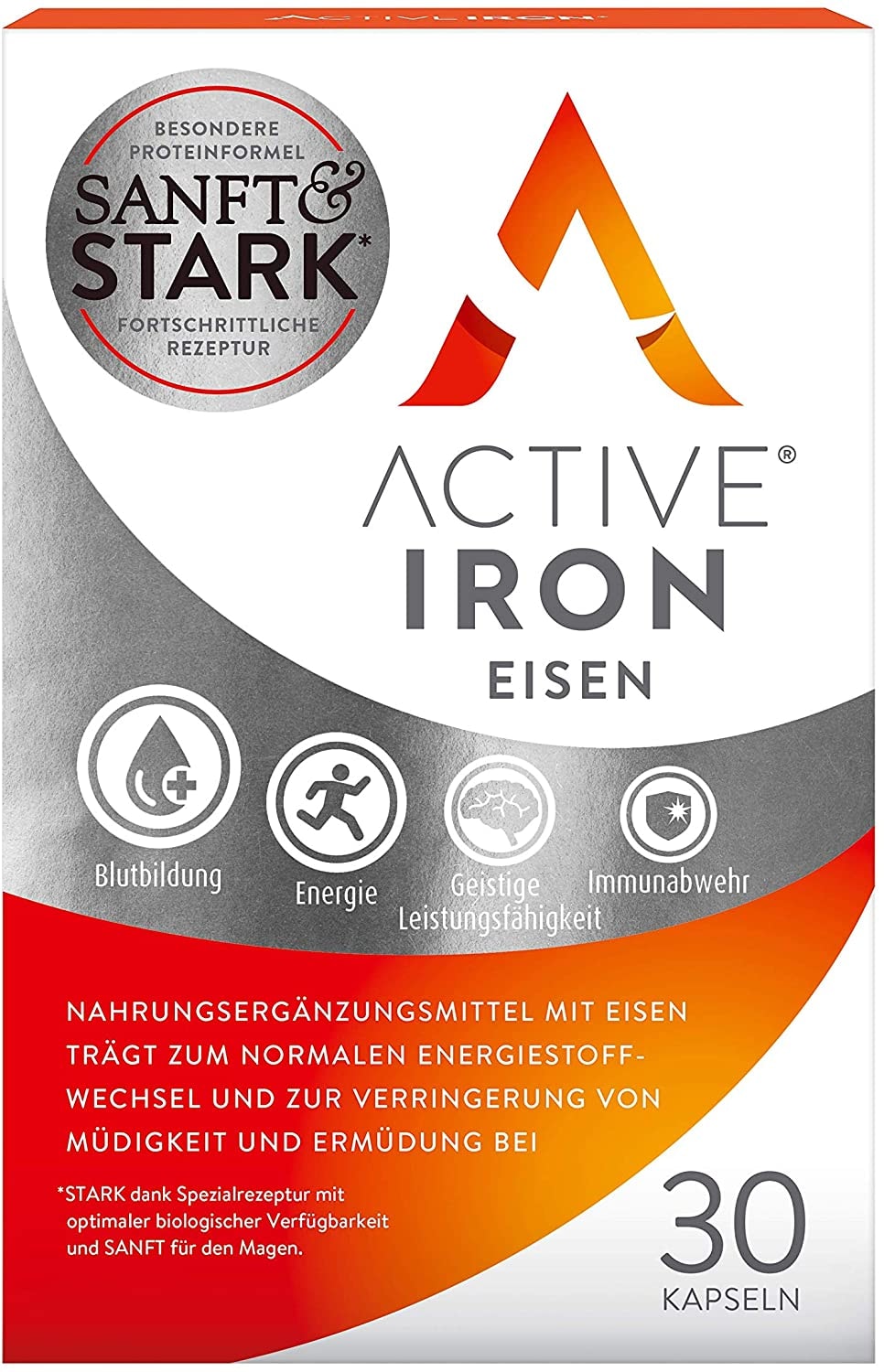 Solvotrin Active Iron | Nicht-verstopfende Eisentabletten | Eisen unterstützt die Immunabwehr | Klinisch erprobte Absorption | 30-Kapsel-Pack
