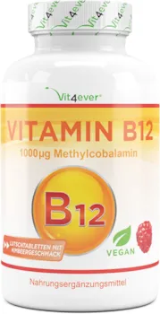 Vit4ever - Vitamin B12 Vegan - 365 Lutschtabletten mit Himbeergeschmack - Premium: Aktives Methylcobalamin - Laborgeprüft (Wirkstoffgehalt & Reinheit) - Hochdosiert