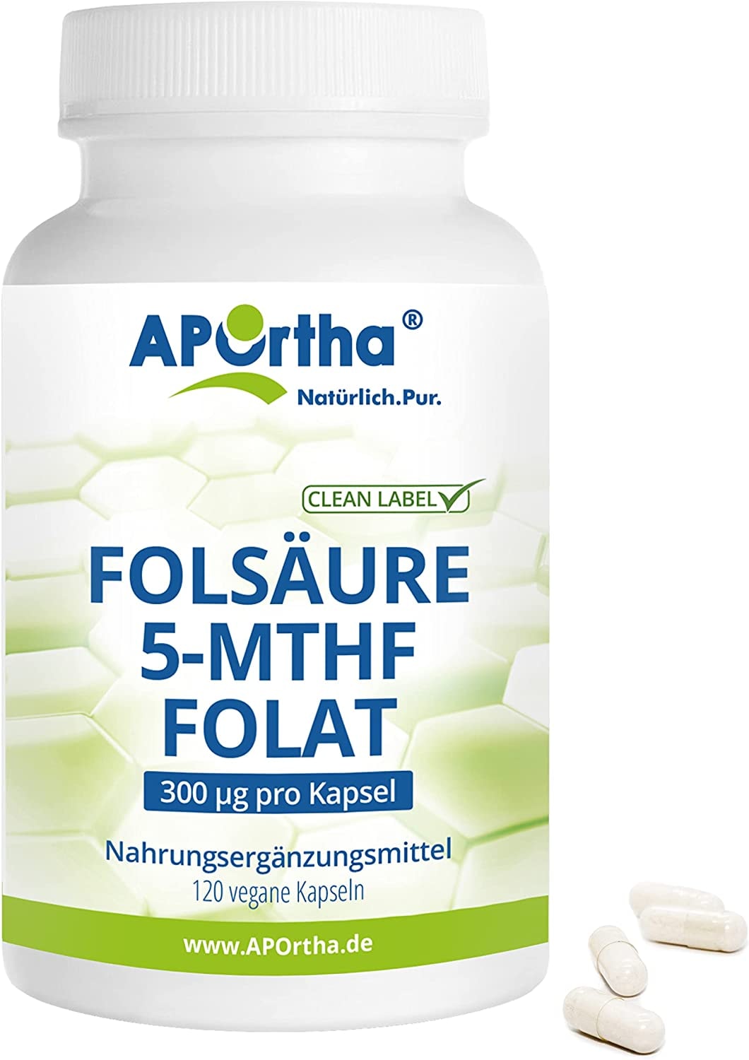 APOrtha® Folsäure 5-MTHF Folat, 120 vegane Kapseln, 300 µg aktivierte Folsäure pro Kapsel, hochdosiert und leicht zu schlucken, allergenfrei, vegan, glutenfrei, Alternative zu Tropfen und Tabletten