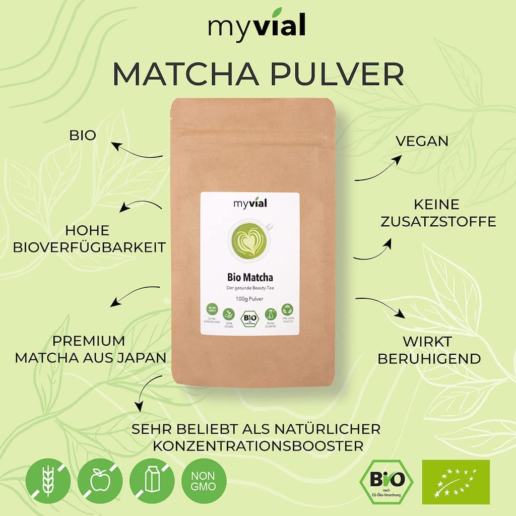 myvial® Bio Matcha Grün Tee Pulver 100g - Grüner Tee in bester Qualität aus Japan (Kagoshima) - Perfekt für Smoothie Matcha Latte - Japanischer Grüntee vegan ohne Zusätze plastikfrei verpackt