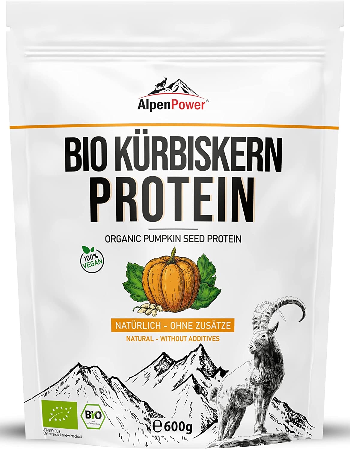 AlpenPower BIO KÜRBISKERNPROTEIN aus Österreich 600g I 100% reines Kürbiskernprotein ohne Zusatzstoffe I Vegan & Low Carb I Hochwertiges Eiweißpuvler I Vielseitig anwendbar