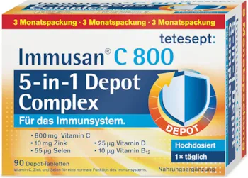 Produktbild von tetesept Immusan C 800 5-in-1 Depot Multivitamin Complex für das Immunsystem Nahrungsergänzungsmittel mit Vitamin C, D, B12, Zink und Selen 1 x 90 Tabletten 3 Monatspackung