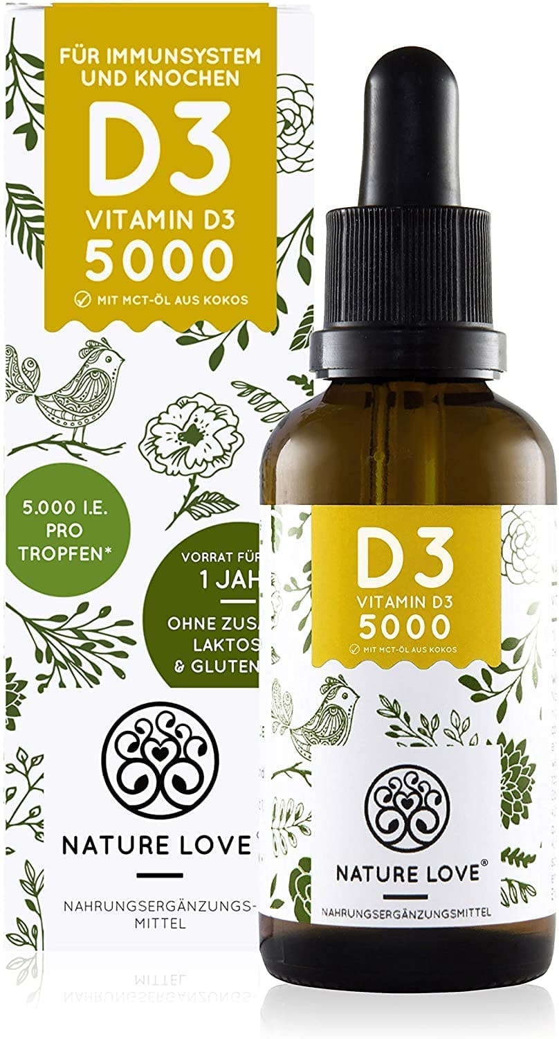 NATURE LOVE® Vitamin D3 5000 (50ml flüssig) - Laborgeprüfte 5000 I.E. pro Tropfen - Hochwertig: sehr hohe Stabilität - Hochdosiert, in Deutschland produziert