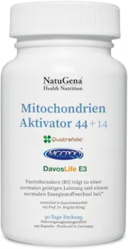 Produktbild von Bewertung NatuGena MitochondrienAktivator 44+14 Longevity und better-aging Mitochondrien Alpha-Ketoglutarat Coenzym Q10 PQQ (MGCPQQ) 240 Kapseln 30 Tage Packung