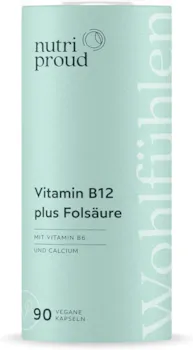 nutriproud - Vitamin B12 (Methylcobalamin) hochdosiert + Folsäure + B6, bioaktive Form für neue Energie, 90 vegane Kapseln für 3 Monate, ohne Zusatzstoffe, nachhaltig verpackt, aus Deutschland