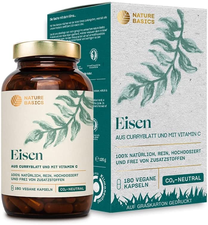 Nature Basics® natürliches Eisen zertifiziert & nachhaltig im Glas | 180 (!) Kapseln hochdosiert | 14mg Eisen & 80mg Vitamin C pro Kapsel | rein aus Curryblatt & Hagebutte | ohne Zusatzstoffe & aus DE