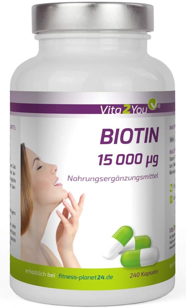 Vita2You Biotin 15.000 mcg (Vitamin B7) 240 Kapseln - Hochdosiert mit 15mg - Für Haut und Haare - Premium Qualität - Made in Germany