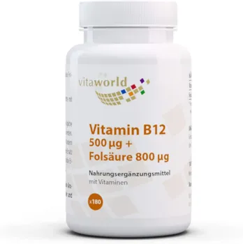 Vita World - Vitamin B12 500 µg + Folsäure 800 µg 180 Tabletten Vegan/Vegetarisch Apotheker-Herstellung