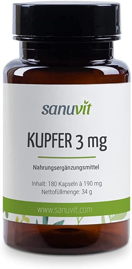 Sanuvit® - Kupfer 3 mg | 180 Kapseln | Qualität aus Österreich | Kupfercitrat hochdosiert mit 3 mg hochwertigen Kupfer pro Kapsel | Hohe Bioverfügbarkeit | Vegan