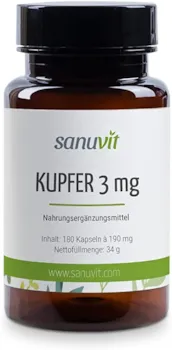 Sanuvit Kupfer 3 mg 180 Kapseln Qualität aus Österreich Kupfercitrat hochdosiert mit 3 mg hochwertigen Kupfer pro Kapsel | Hohe Bioverfügbarkeit | Vegan
