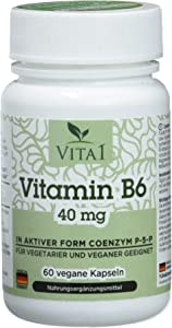 VITA1 Vitamin B6 P-5-P 40mg • 60 Kapseln (2 Monate Vorrat) • in seiner aktiven Form Coenzym P-5-P •Kapseln von Vita1® sind besonders für Veganer und Vegetarier