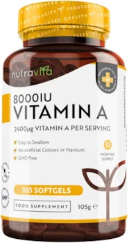 nutravita Vitamin A 8000 IE – 365 Kapseln – Vitamin A aus Retinylpalmitat – Retinol – 2.400 μg Vitamin A pro Weichkapsel – Beta Carotin – Ohne unerwünschte Zusätze – Hergestellt von Nutravita