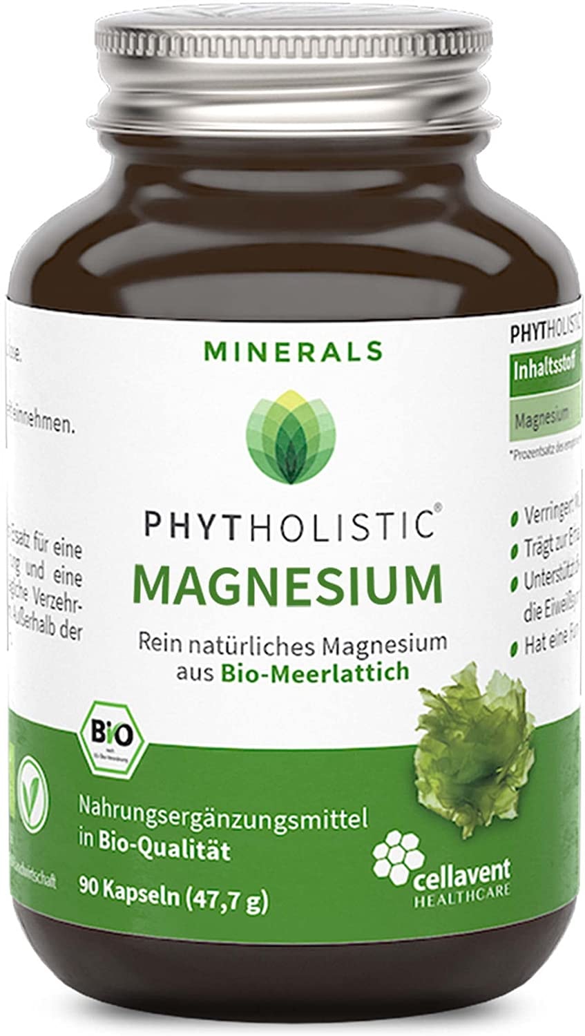 Phytholistic - Bio Magnesium Kapseln im Glas – aus Meerlattich – 337 mg rein pflanzliches Magnesium – ohne künstliche Zusätze – 90 Kapseln