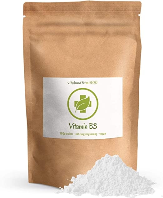 ‎Vitalundfitmit100 Vitamin B3 (Nicotinamid) Pulver - 100 g - in geprüfter Qualität - absolut rein ohne Rückstände - 100% vegan und rein - glutenfrei, laktosefrei - OHNE Hilfs- u. Zusatzstoffe