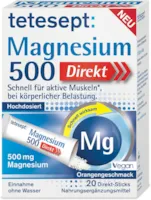 tetesept Magnesium 500 Direkt – Nahrungsergänzungsmittel mit Magnesium Pulver zur Einnahme ohne Wasser - Schnell für aktive Muskeln – 1 x 20 Direkt-Sticks