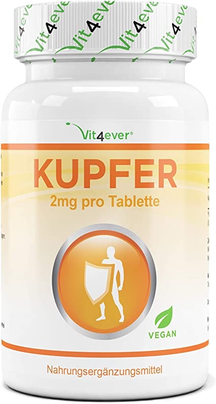 Vit4ever Kupfer - 365 Tabletten mit jeweils 2 mg - 1 Jahresvorrat - Laborgeprüft - Hohe Bioverfügbarkeit - Kupfergluconat - Hochdosiert - Vegan - Ohne unerwünschte Zusätze