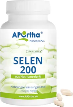 APOrtha Selen, 120 vegane Kapseln mit je 200µg aus Natriumselenit, hochdosiert und leicht zu schlucken, allergenfrei, vegan, glutenfrei, Alternative zu Tropfen und Tabletten