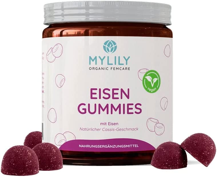 MYLILY® EISEN Vitamin Gummies | Mit dem wertvollen Vitamin Eisen(II)-Laktat | 100% VEGAN & OHNE ZUCKERZUSATZ | Natürlicher Cassis-Geschmack | 80 Gummies | Vollständig recyclebare PET-Dose