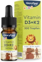 GloryFeel Vitamin D3 K2 Tropfen für Kinder ab 4 Jahren - 100% Vegan für 10 Monate - 500 IE Vitamin D aus Flechten & 25µg Vitamin K - Ohne jegliche Zusätze, laborgeprüft in Deutschland hergestellt