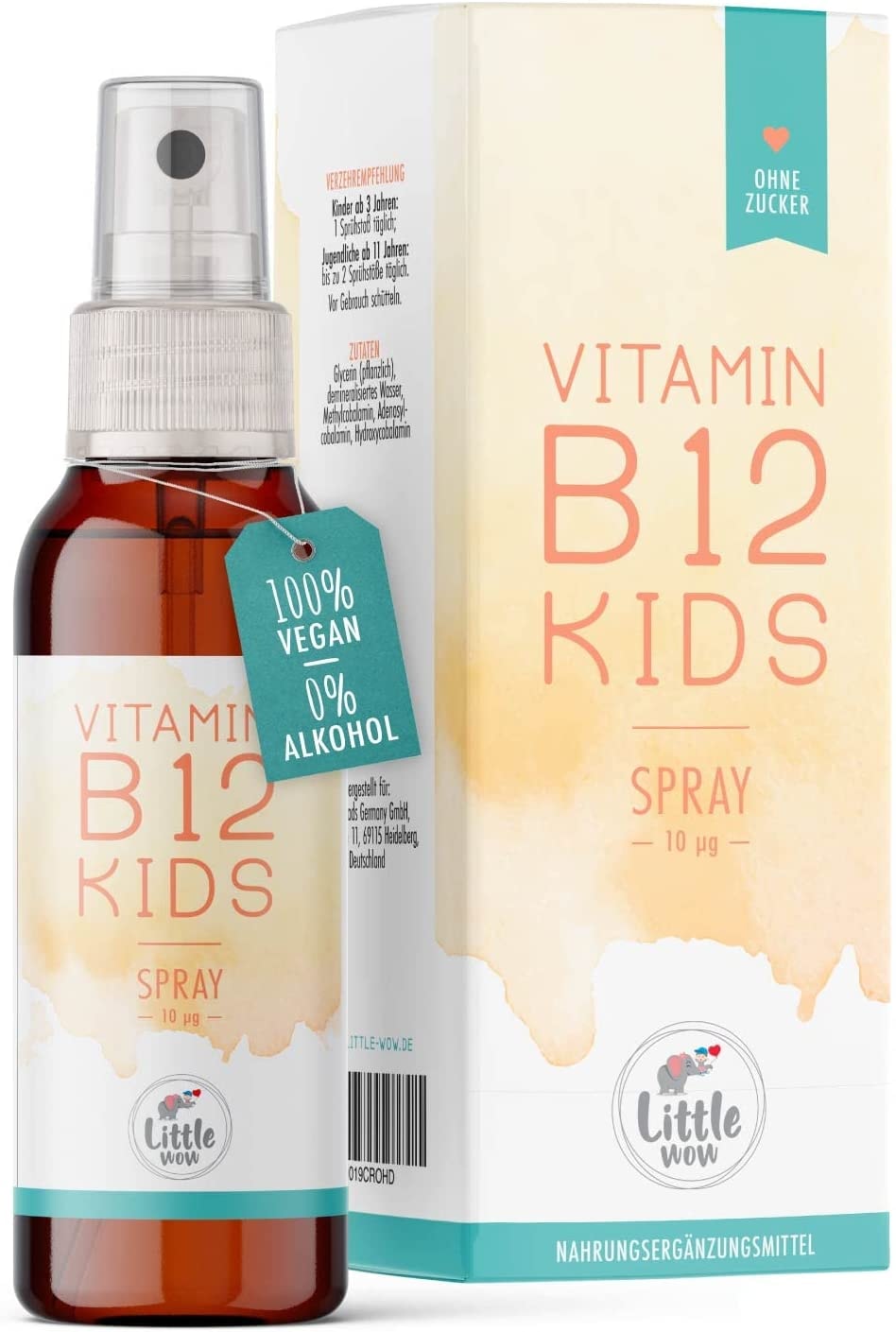 Little Wow® - Daily Vegan Vitamin B12 Spray | Speziell für Kinder I Vegane | Für 195 Tage | B 12 | B12 Vitamin für Kinder | Multivitamin | Vitamine Kinder | 10 µg Tagesbedarf pro Sprühstoß