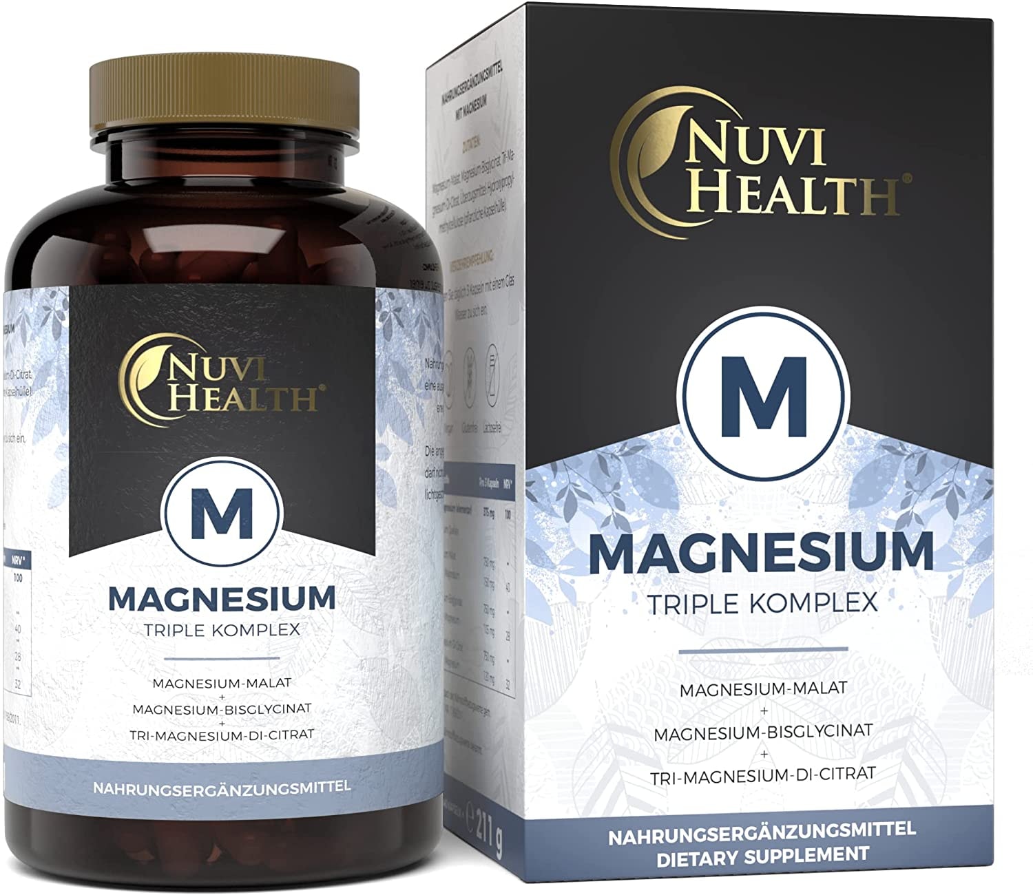 Nuvi Health - Magnesium Komplex - 240 Kapseln - 375 mg elementares Magnesium je Tagesdosis - Magnesiumbisglycinat, Magnesiumcitrat, Magnesiummalat - Vegan - Hochdosiert - Laborgeprüft