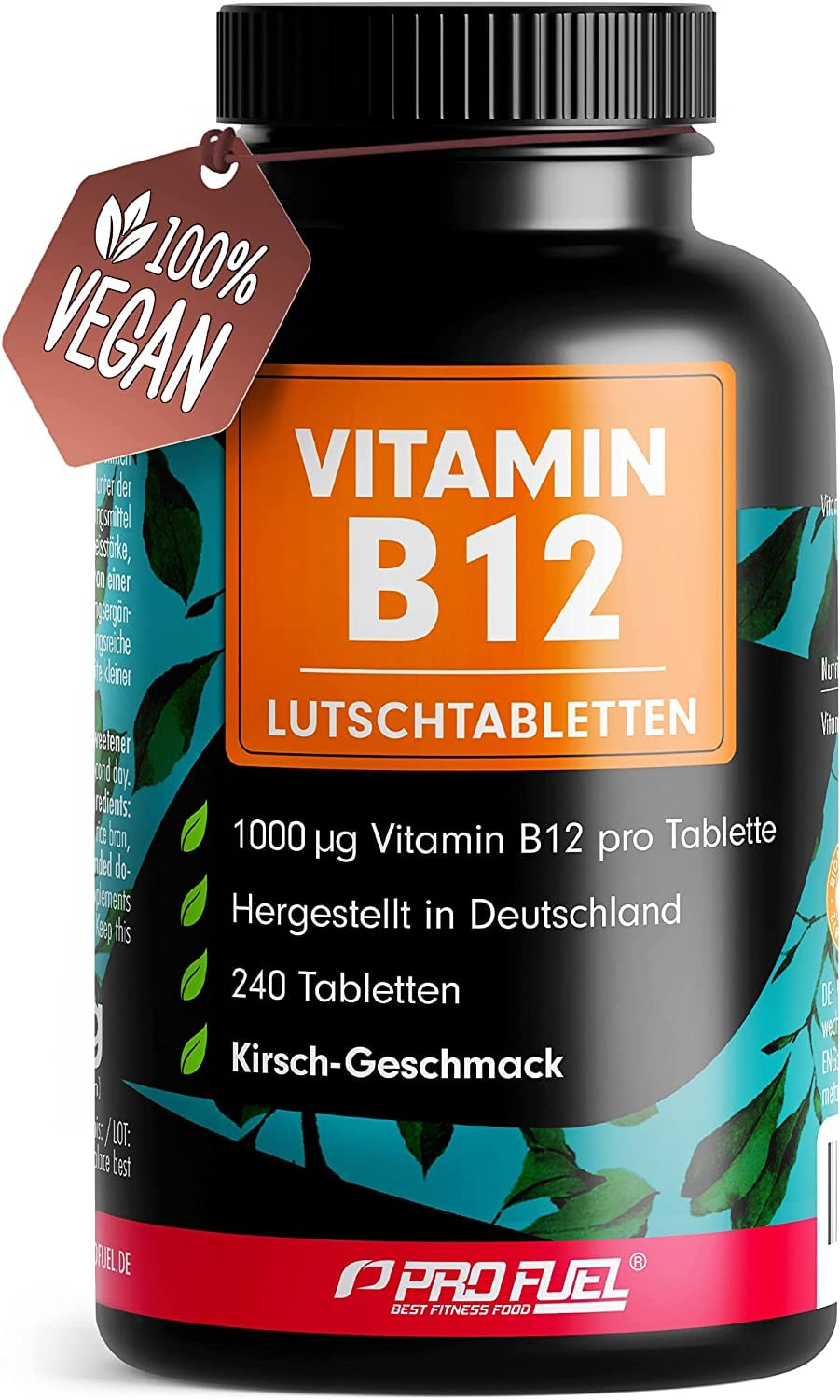 ProFuel Vitamin B12 Lutschtabletten 240x KIRSCHE - 1000µg (mcg) aktives Methylcobalamin B12 - leckerer Geschmack - vegan & hochdosiert - vegane Tabletten zum Lutschen - Ohne Zuckerzusatz - mit Xylit gesüßt