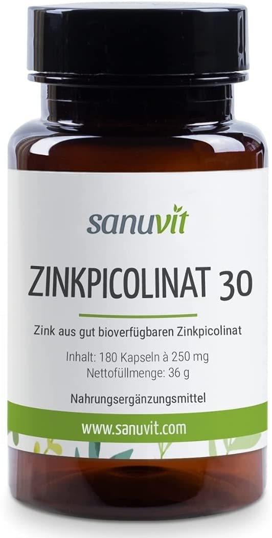 Sanuvit® - Zink 30 mg pro Kapsel | 180 Kapseln | Hochdosiert | Zink aus Zinkpicolinat | Hohe Bioverfügbarkeit und Verträglichkeit | Hergestellt in Österreich