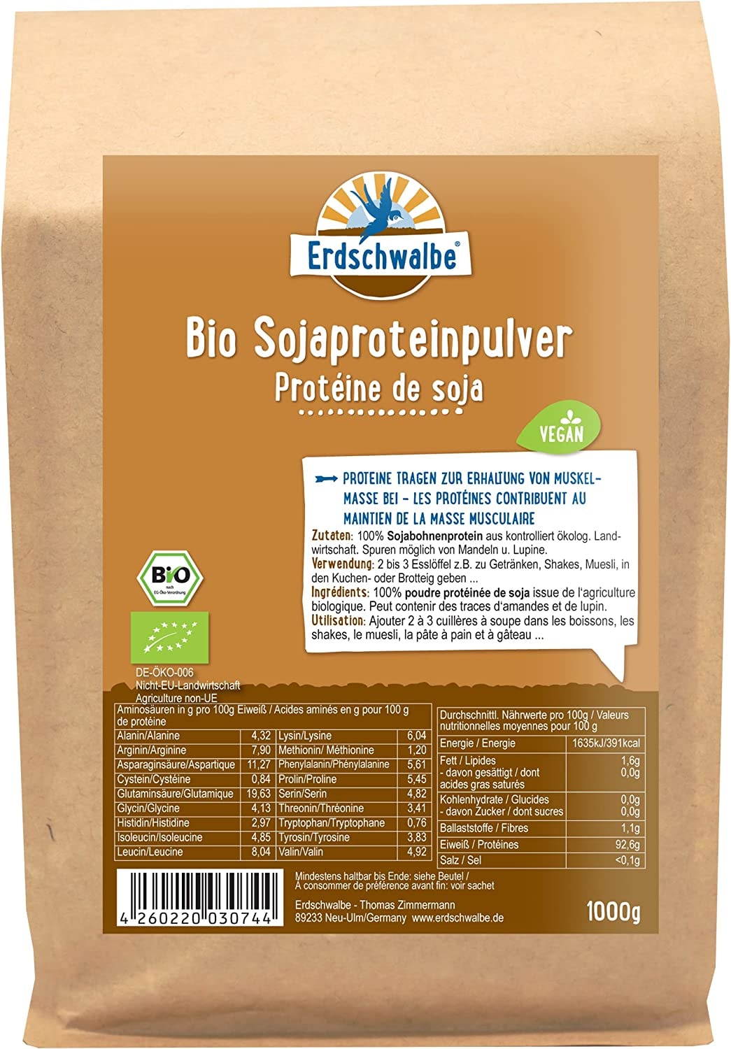 Erdschwalbe Bio Sojaprotein - GMO-freies Protein - Veganes Eiweißpulver - 1 Kg