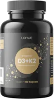 Produktbild von Lonue Vitamin D3 + K2 Kapseln 5000 I.E. D3 / 100 µg K2 MK7 - Premium-Qualität mit K2VITAL® mit 99,7% MK-7 All-Trans - 180 Kapseln Vitamin D3 + K2 - vegan, hochdosiert, laborgeprüft, ohne Zusatzstoffe