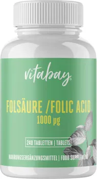 Vitabay Folsäure 1000 mcg | 240 vegane Tabletten | Hochdosiert & Hohe Bioverfügbarkeit | Folat | Laborgeprüft & hergestellt aus hochwertigen Rohstoffen