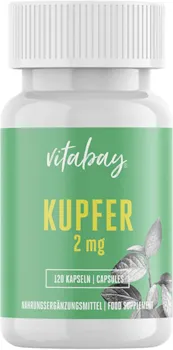 Vitabay Kupfer 2 mg • 120 Kapseln • Kupfergluconat • Vegan und natürlich • Bioverfügbar • Essentielles Spurenelement • Frei von Zusatzstoffen • Made in Germany