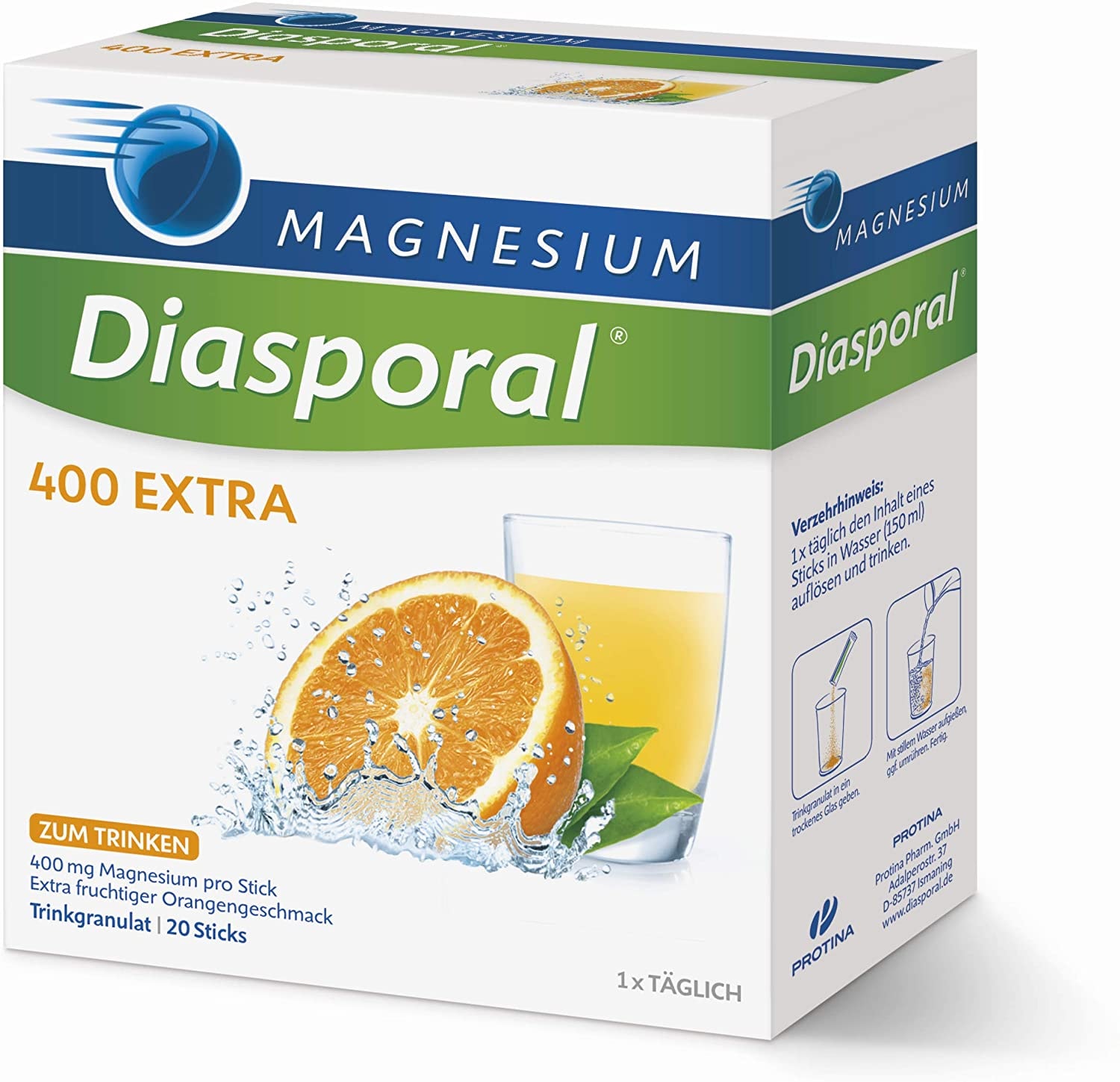 Magnesium-Diasporal 400 EXTRA, Trinkgranulat: EXTRA-KLASSE mit reinem Magnesiumcitrat, 400mg Magnesium pro Stick, 20 Sticks