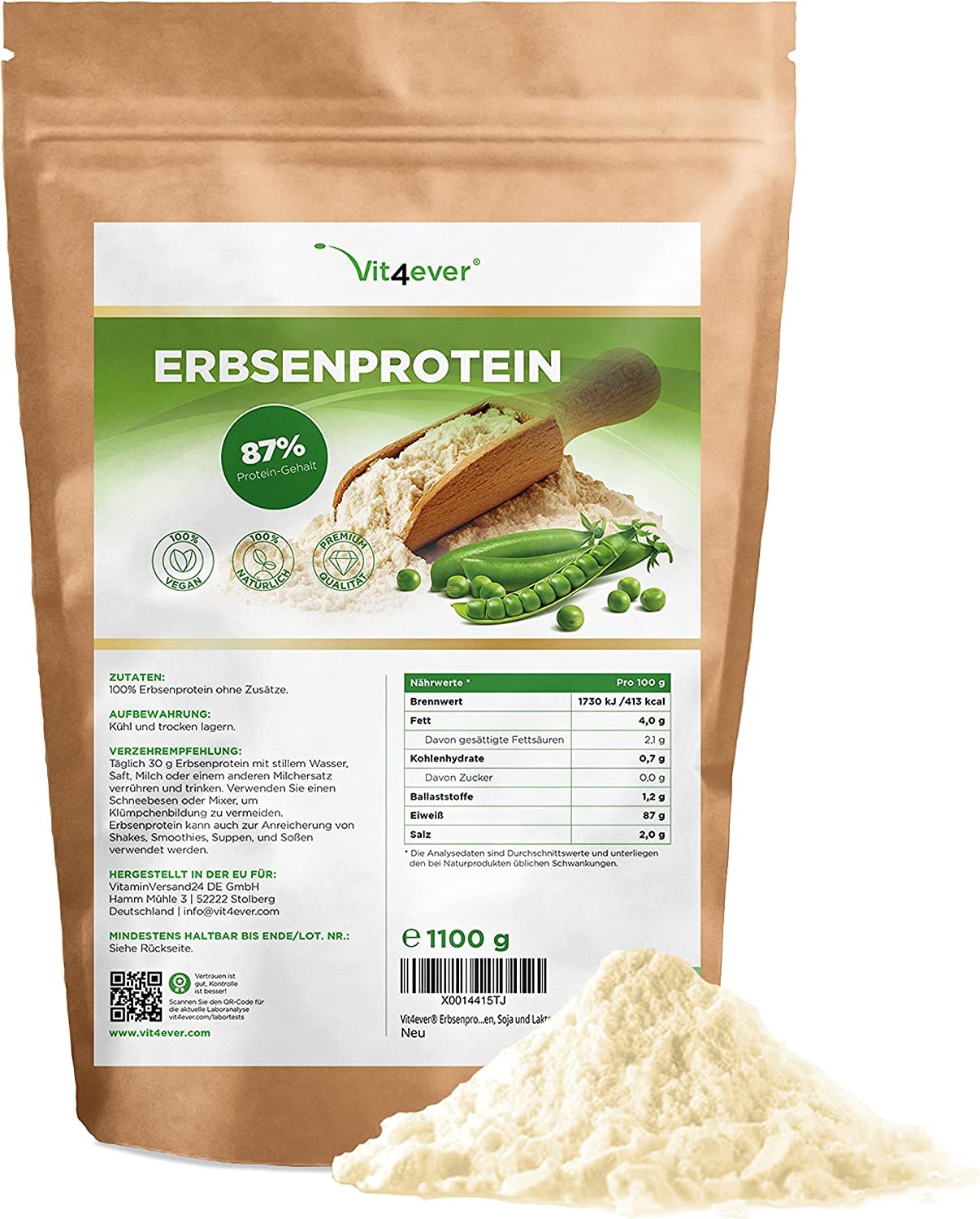 Erbsenprotein Pulver 1,1 kg / 1100 g - 87% Proteingehalt - 100% Erbsen-Proteinisolat - Herkunft Belgien - Vegan - Reines Eiweißpulver - Laborgeprüft - Frei von Gluten, Soja und Laktose